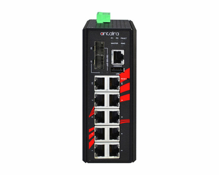 ANT LMP-1002C-SFP Serie - Industrielle Gigabit PoE+ Managed Ethernet Switches für widrige Bedingungen: front ports