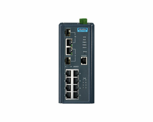 EKI-7710G-2CI - Industrieller 10-Port Unmanaged Gigabit PoE Ethernet Switch mit 8x Gigabit-PoE- und 2x Gigabit Copper-SFP-Combo Ports- front